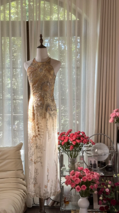 Retro Golden Sparkling Beaded Halter Dress Elegant Chiffon Evening Dress Prom Dresses TP3986