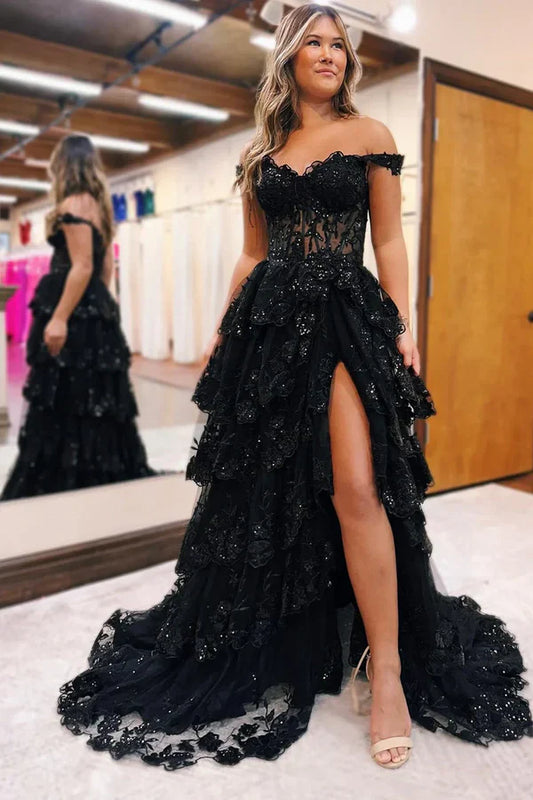 Hermoso vestido de fiesta largo con hombros descubiertos, apliques de tul negro y volantes, vestido de graduación DP517