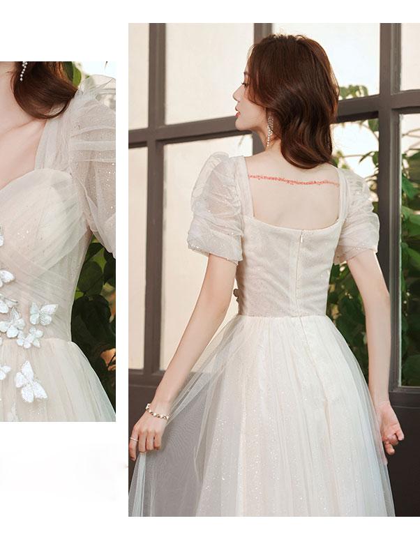 Vestido de fiesta largo de tul color champán claro con encaje, vestido de noche de encaje