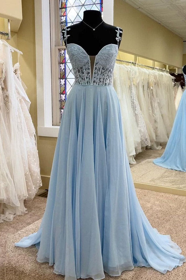 A Line Chiffon Long Prom Dress With Lace Bodice,WP407