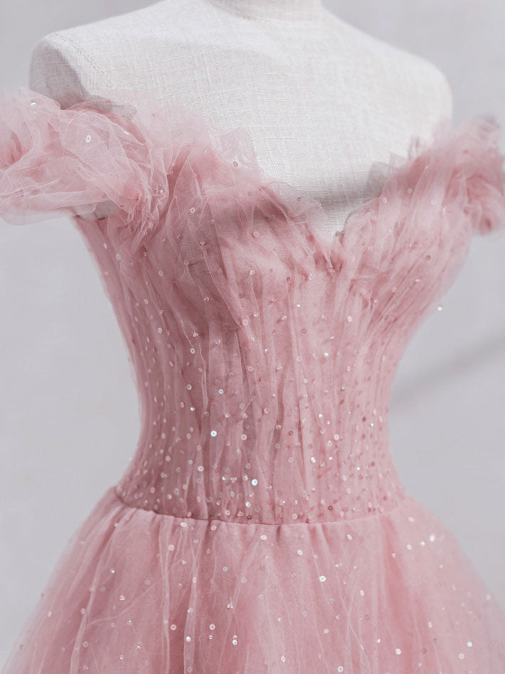Princess Pink Tulle Tea Length Prom Dress, Pink Off shoulder Sweet 16 Dress GP288