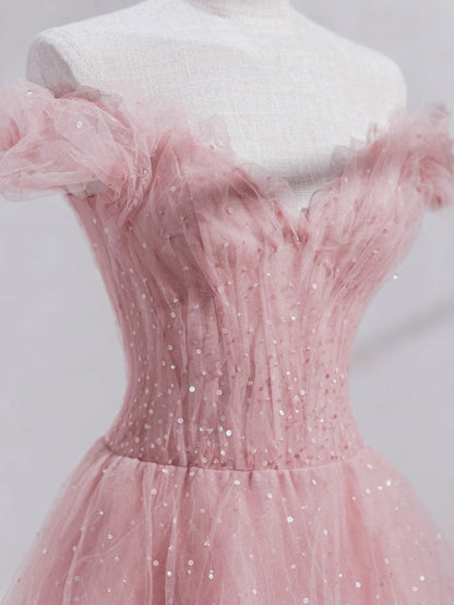 Princess Pink Tulle Tea Length Prom Dress, Pink Off shoulder Sweet 16 Dress GP288