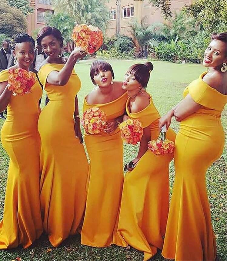 Vestidos de dama de honor con hombros descubiertos en oro amarillo, vestido de dama de honor largo de sirena, vestido de invitada de boda