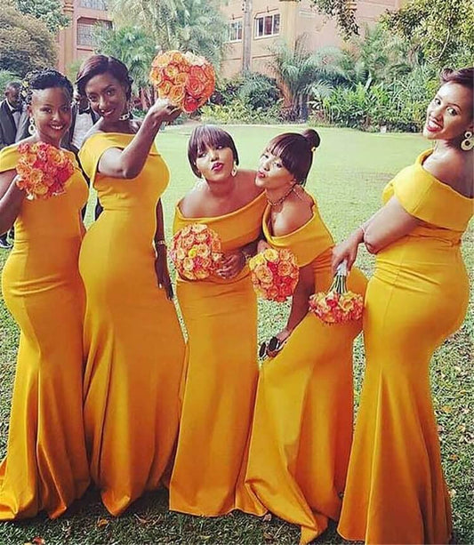 Vestidos de dama de honor con hombros descubiertos en oro amarillo, vestido de dama de honor largo de sirena, vestido de invitada de boda