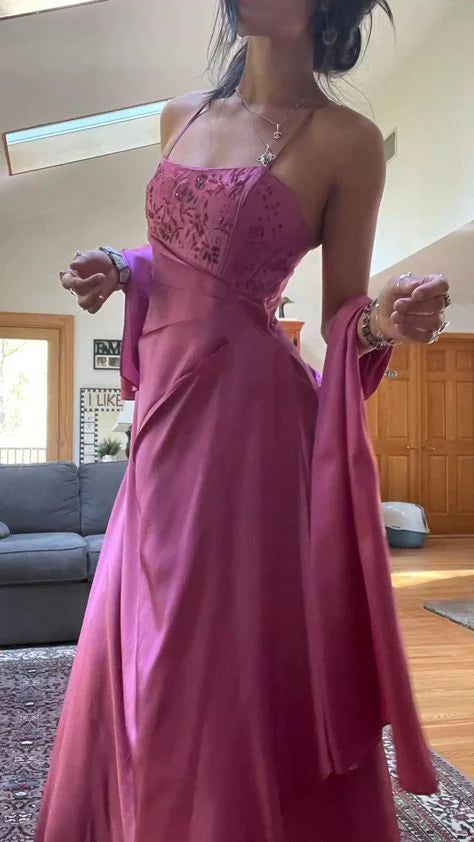 Vestido de fiesta largo fucsia con tirantes finos, satén, corte A y cuentas, para dama de honor, DP488