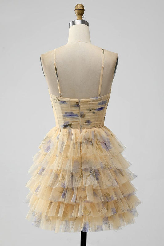 Vintage Yellow Floral Design A-line Spaghetti Strap Tiered Homecoming Dress TP3406