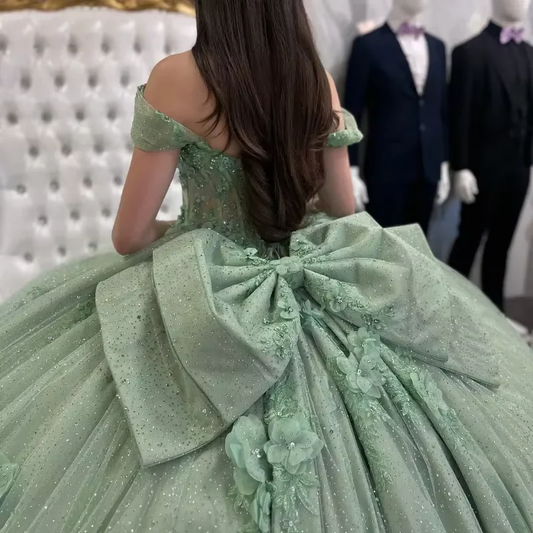 Vestido de quinceañera verde salvia, apliques de vestido de fiesta de cumpleaños con lazo