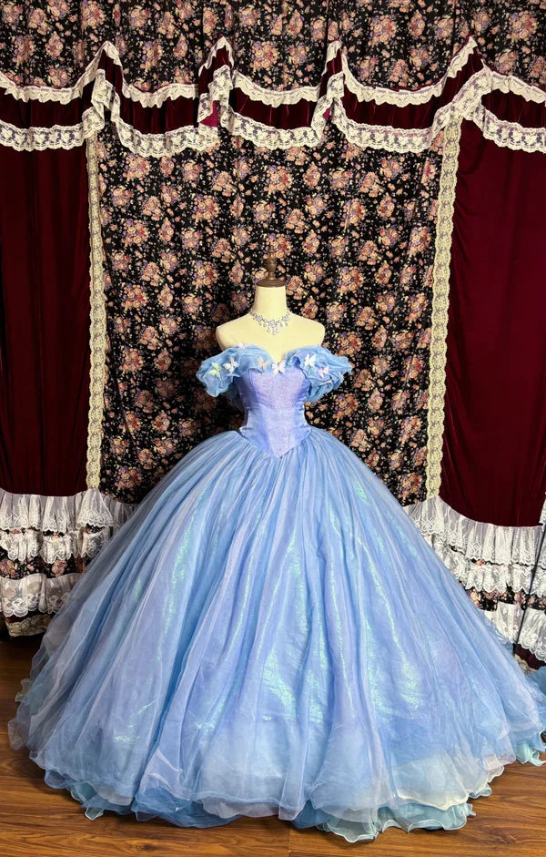 Vintage Blue Off-the-shoulder Chiffon Sweet 16 Quinceanera A-Line Princess Evening Dress Ball Gown TP4275