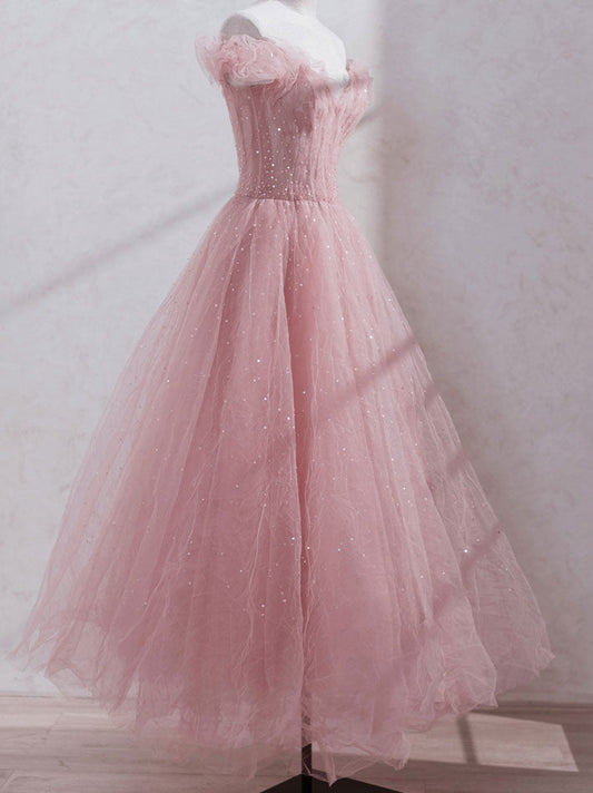 Vestido de fiesta de tul rosa con hombros descubiertos y largo hasta la rodilla, vestidos de fiesta de boda de tul rosa