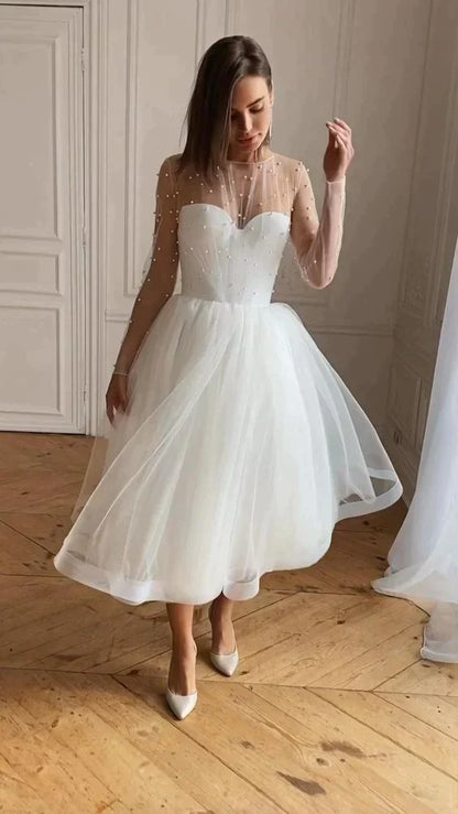 Vestido midi blanco para novia, vestido de cena de corte A, vestido corto de noche