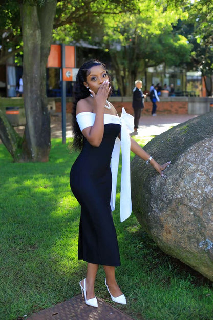 Classic Black White Sheath Off the Shoulder Satin Tea Length Evening Dress Party Dress with Bow SH3786