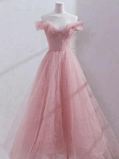 Vestido de fiesta de tul rosa con hombros descubiertos y largo hasta la rodilla, vestidos de fiesta de boda de tul rosa