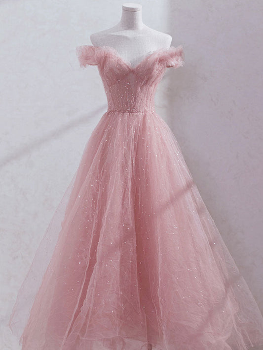 Vestido de fiesta de tul rosa con hombros descubiertos y largo hasta la rodilla, vestidos de fiesta de boda de tul rosa