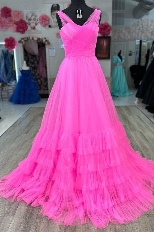 Layers Hot Pink Tulle Long Prom Dresses, Princess Formal Gown GP548