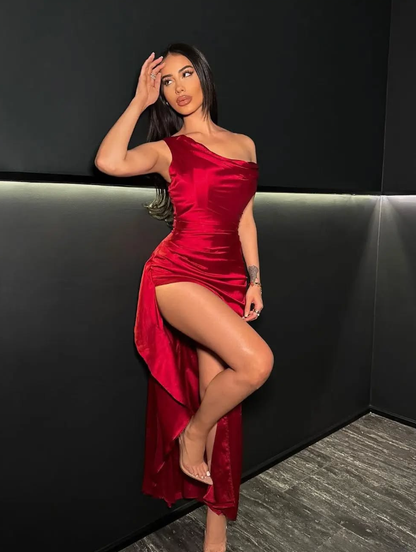 Charming Sheath Off the Shoulder Red Satin Prom Dress Evening Dress with Slit SH2280
