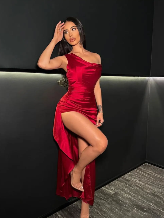 Charming Sheath Off the Shoulder Red Satin Prom Dress Evening Dress with Slit SH2280