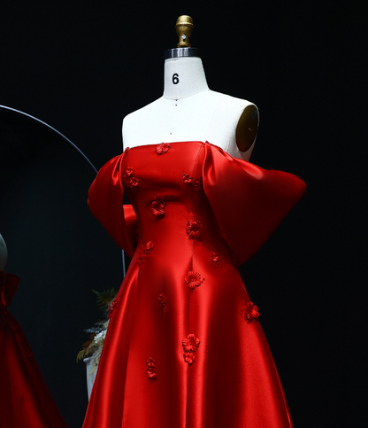 Elegant A Line Off the Shoulder 3D Flower Red Satin Prom Dress Evening Dress SH2378