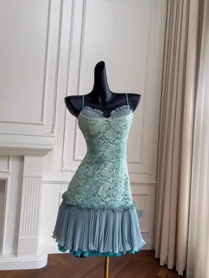 Classy Tiffany Blue Lace Appliques Short Birthday Outfits Homecoming Dress Spaghetti Strap Cocktail Dress S350