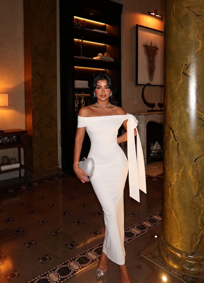 Elegant Sheath Off the Shoulder Satin Prom Dress Formal Dress Party Dress with Bow SH3747