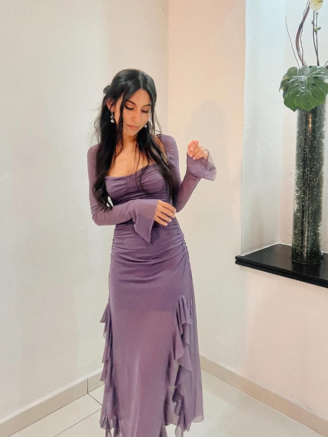 Grape Purple A Line Long Sleeve Ruffle Tulle Homecoming Dress Date Dress Outfits SH3631