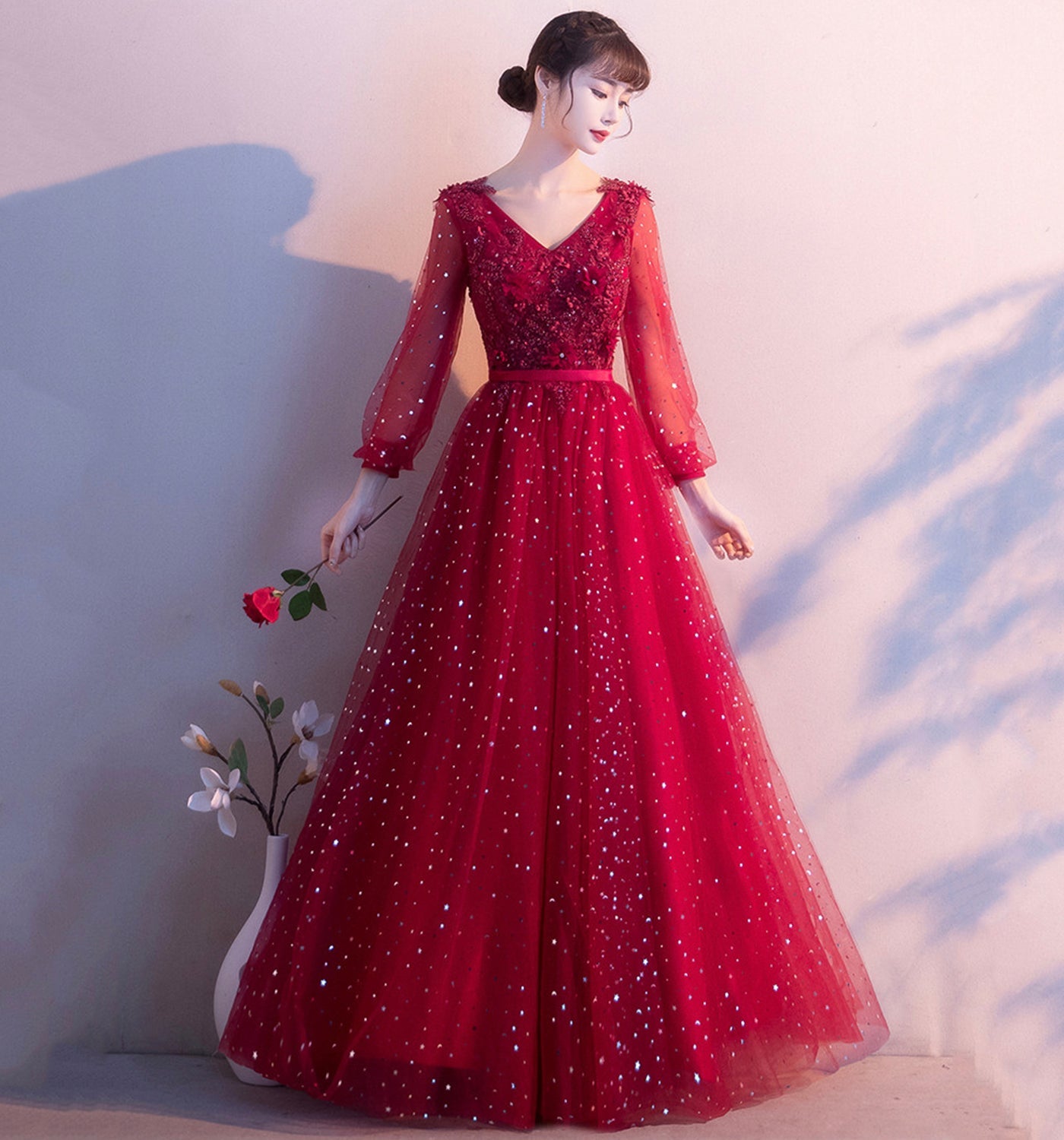Cute tulle lace long prom dress A line evening gown  10014