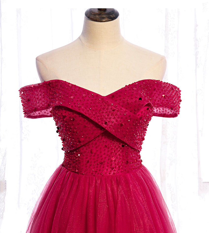 Red tulle beads long prom dress red evening dress  8427