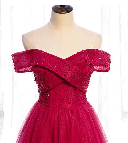 Red tulle beads long prom dress red evening dress  8427