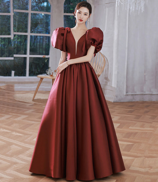 Burgundy v neck satin long prom gown A line formal gown  10212