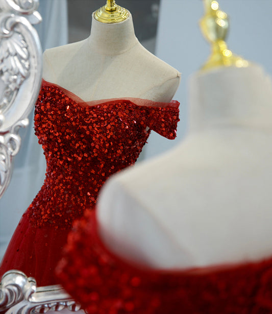 Red tulle sequins long prom dress red evening dress  8987