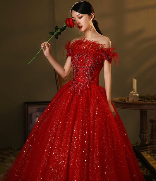 Red tulle sequins long ball gown dress A line evening dress  10324