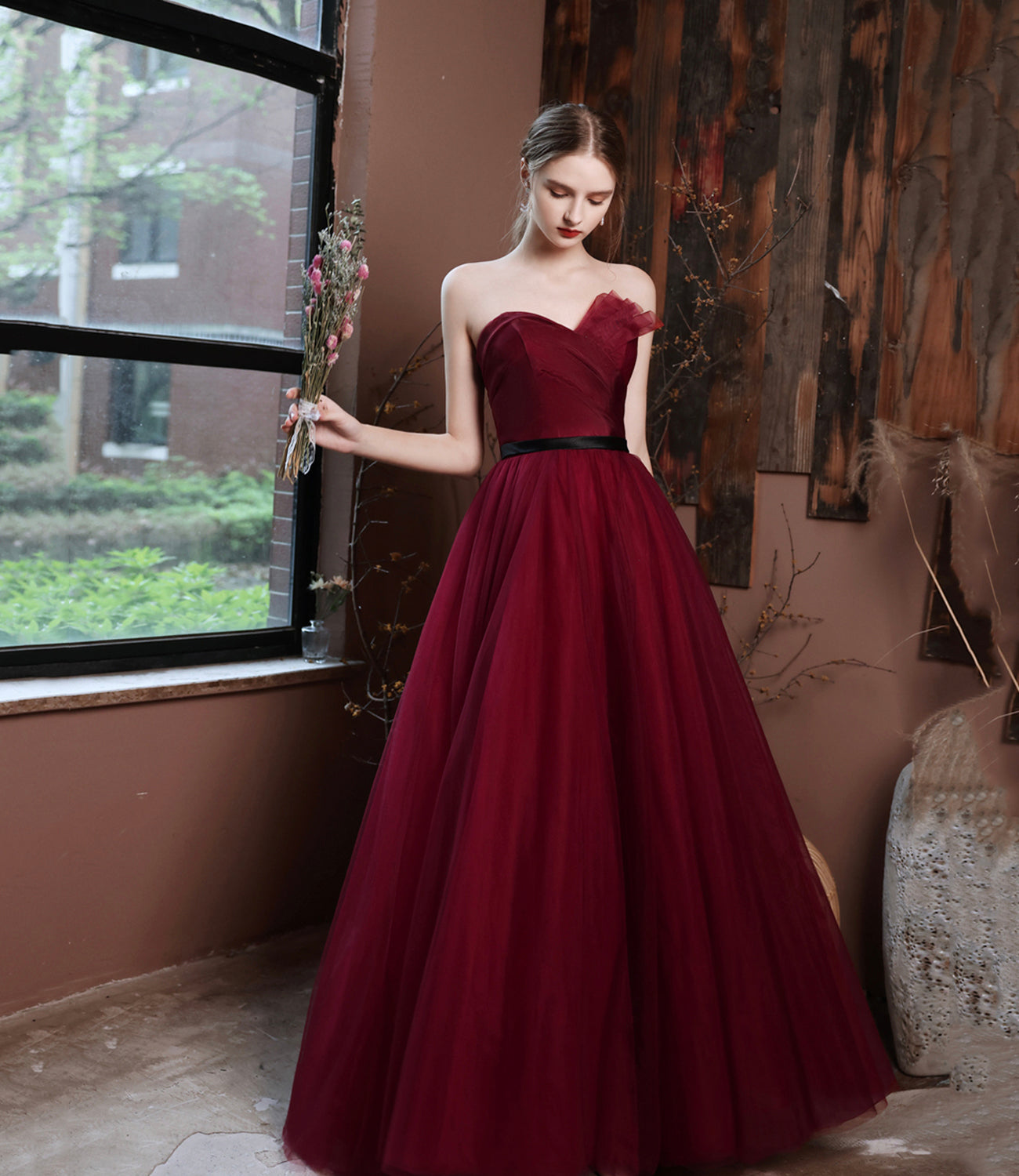 Burgundy off shoulder long A line prom dress evening dress  8797