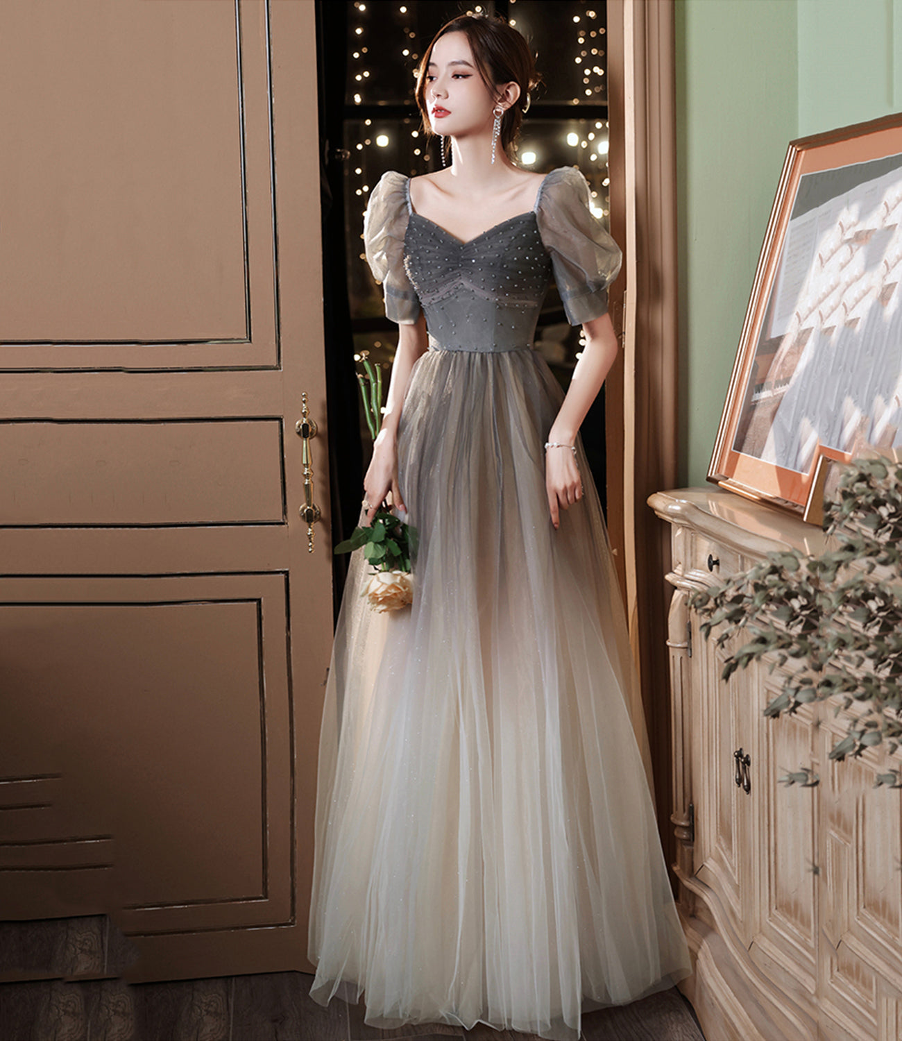 Cute tulle beads long A line prom dress evening gown  10060