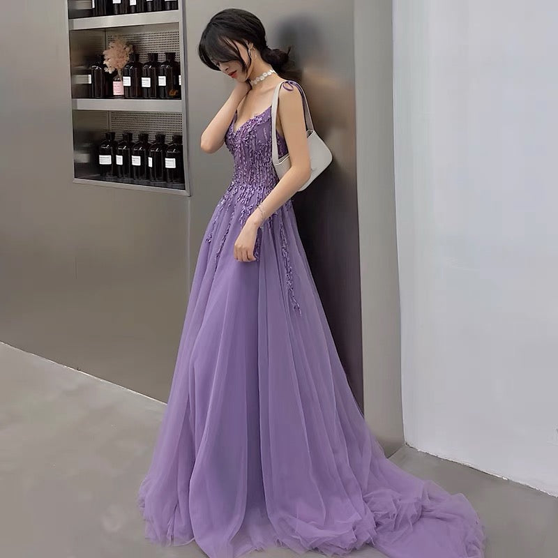 Purple tulle lace long prom dress A line evening gown  10127