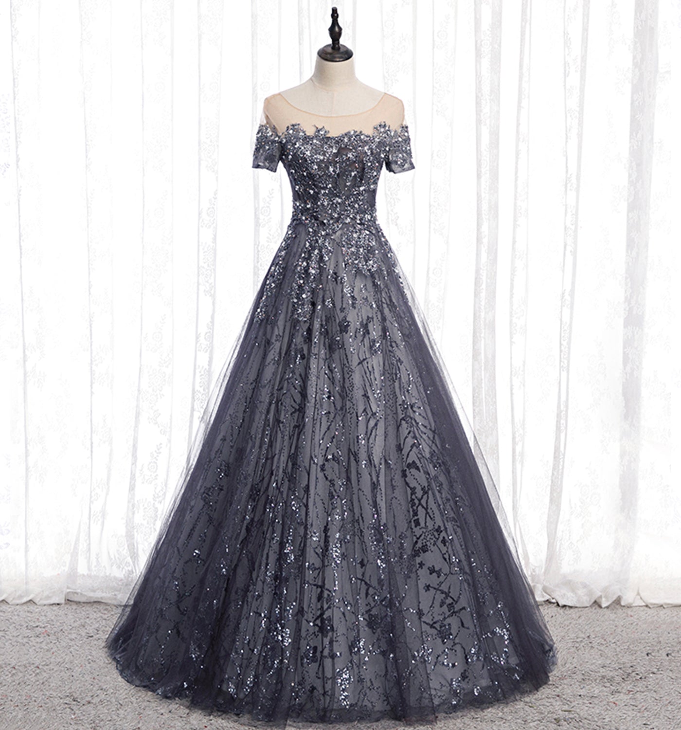 Gray tulle sequins long prom dress A line evening gown  10002