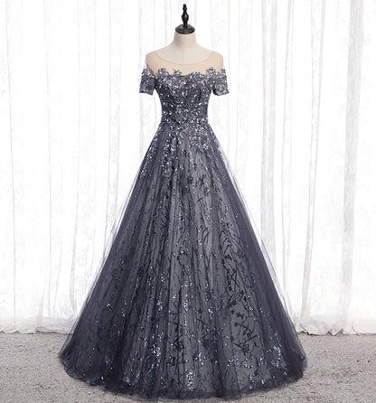 Gray tulle sequins long prom dress A line evening gown  10002