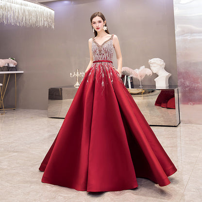 High quality v neck beads long prom dress red evening dress  8525