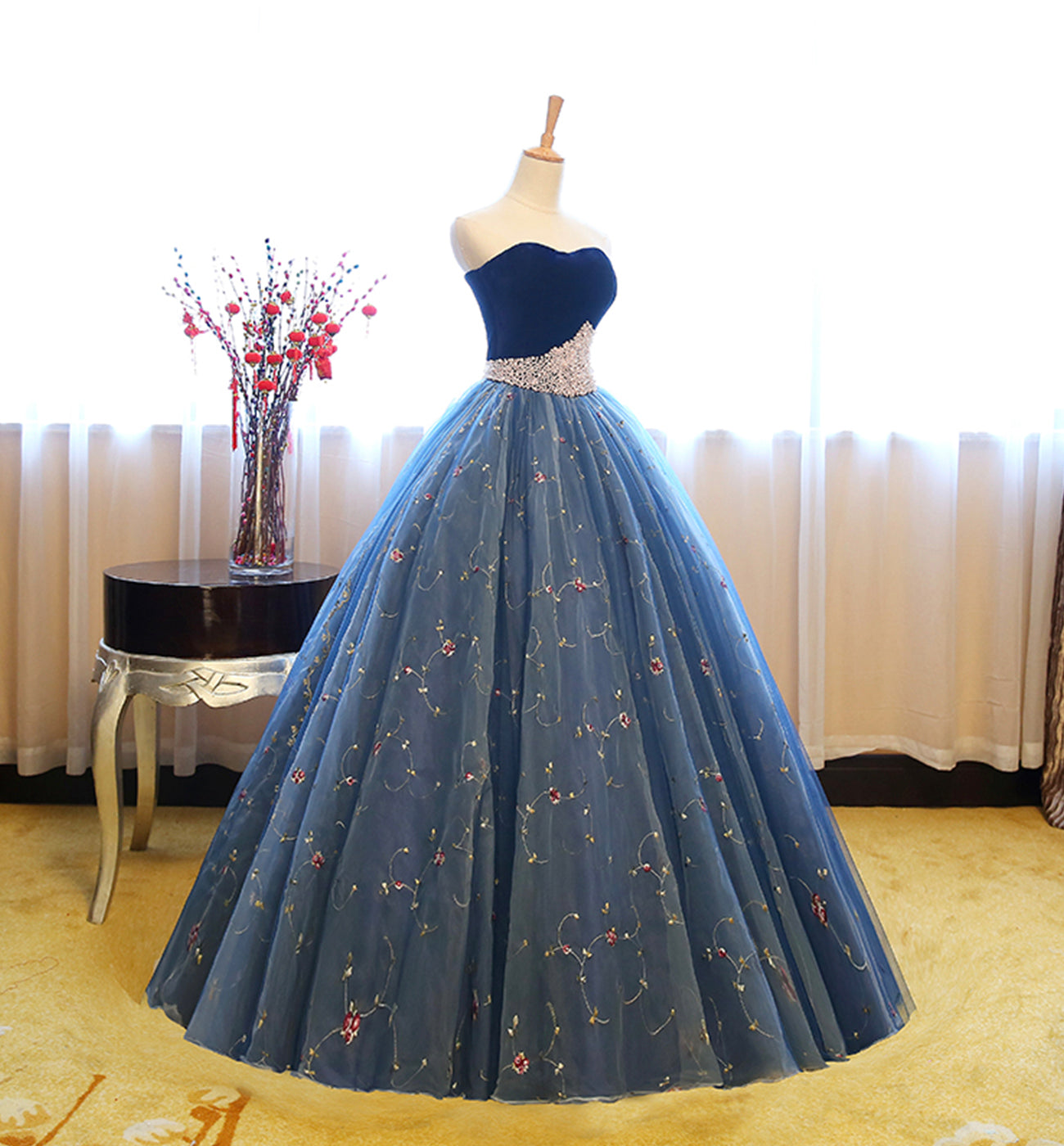 Blue tulle lace long ball gown dress blue evening dress  8622