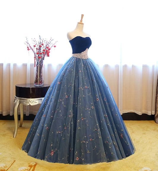 Blue tulle lace long ball gown dress blue evening dress  8622
