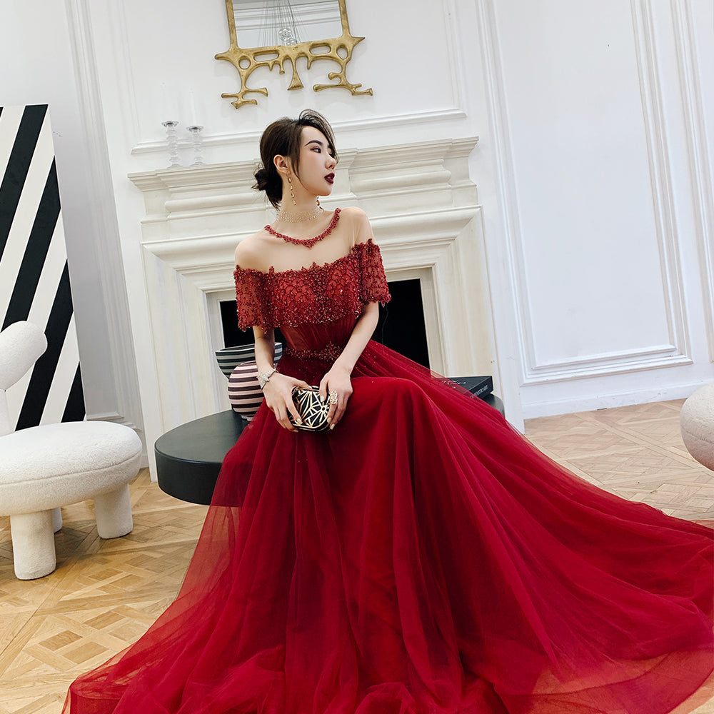High quality burgundy beads long prom gown formal dress  8401