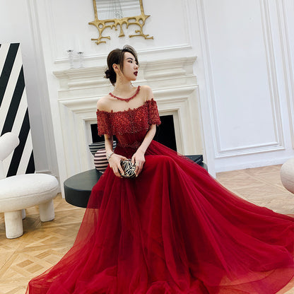 High quality burgundy beads long prom gown formal dress  8401