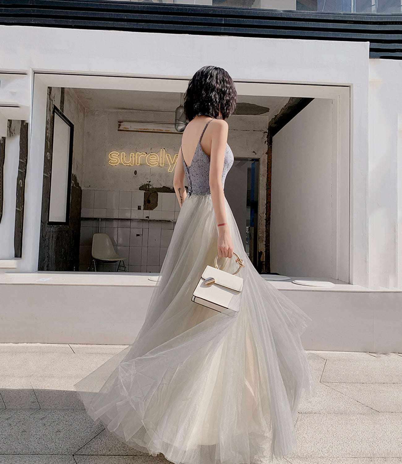 Gray tulle beads long prom dress A line evening dress  10514