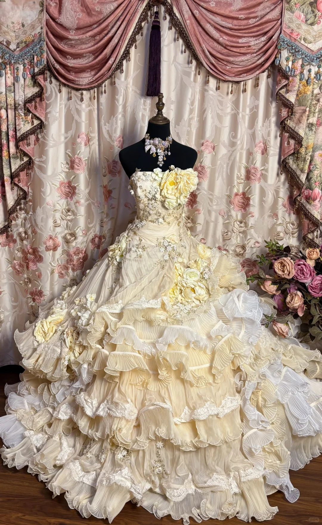 Yellow floral beaded long tulle ball gown evening gown adult gown wedding dress gh4572