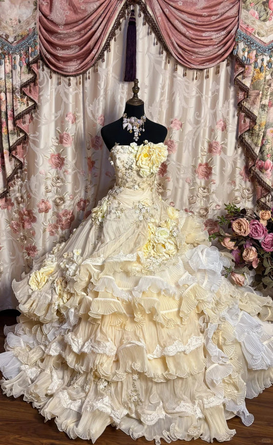 Yellow floral beaded long tulle ball gown evening gown adult gown wedding dress gh4572