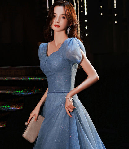 Blue tulle sequins long prom dress evening gown  10310