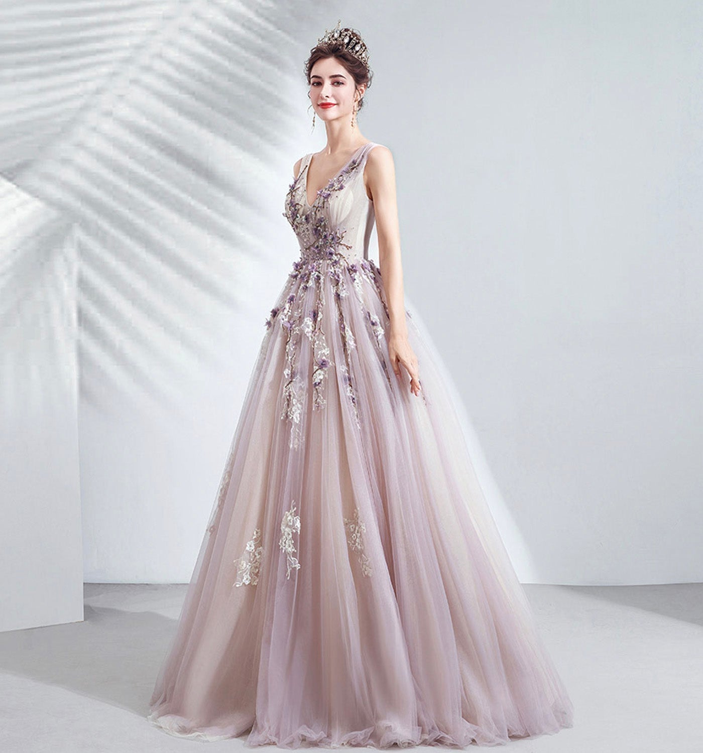 Purple tulle long A line prom dress evening gown  10073