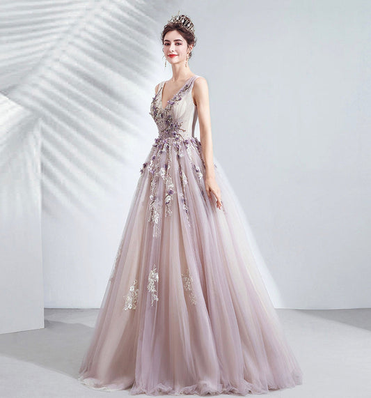 Purple tulle long A line prom dress evening gown  10073