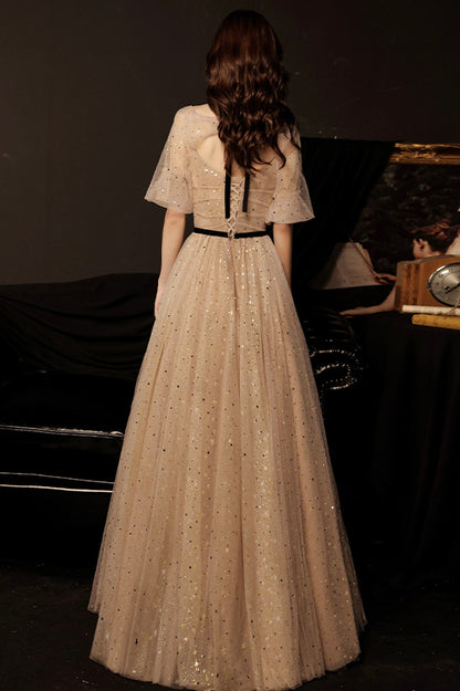Cute tulle long prom dress A line evening gown  10177