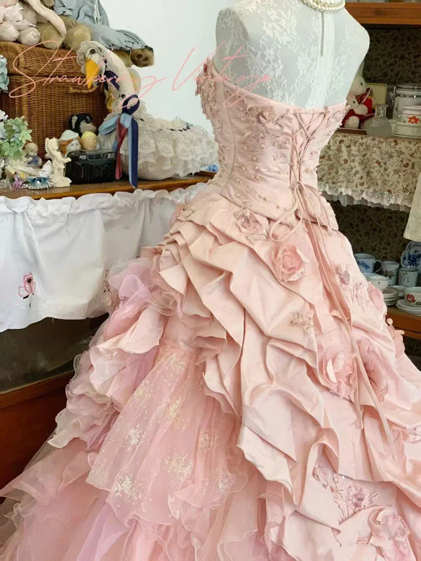 Elegante vestido de quinceañera rosa con flores 3D, corte A, largo hasta el suelo, para fiesta de cumpleaños, noche, baile, TP4421