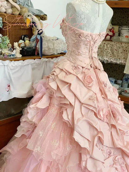 Elegante vestido de quinceañera rosa con flores 3D, corte A, largo hasta el suelo, para fiesta de cumpleaños, noche, baile, TP4421