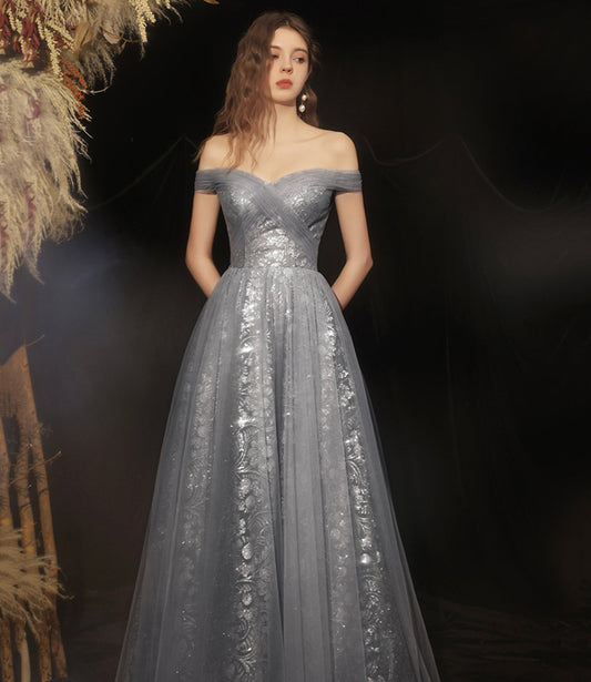 Grey long A line prom dress off shoulder evening dress  8592